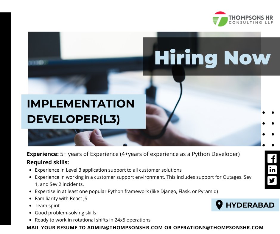 ThompsonsHRC's tweet image. #JobAlert: We&apos;re looking for 
1. #DevOpsLead - 8+ yrs exp
2. #Implementation #Developer(L3) - 5+ yrs exp
3. #Frontend Developer - 3+ yrs exp 
for our client in #Hyderabad. Mail admin@thompsonshr.com to apply
#HiringNow #HyderabadJobs #hiring #hiringupdate #jobsinhyderabad