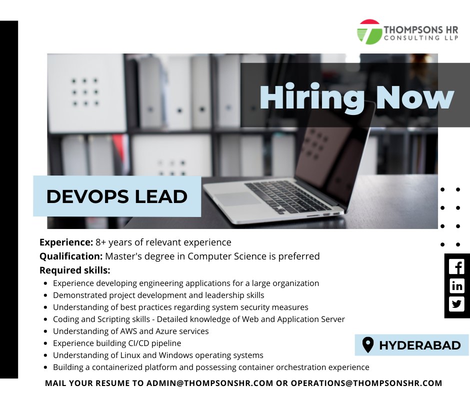 ThompsonsHRC's tweet image. #JobAlert: We&apos;re looking for 
1. #DevOpsLead - 8+ yrs exp
2. #Implementation #Developer(L3) - 5+ yrs exp
3. #Frontend Developer - 3+ yrs exp 
for our client in #Hyderabad. Mail admin@thompsonshr.com to apply
#HiringNow #HyderabadJobs #hiring #hiringupdate #jobsinhyderabad