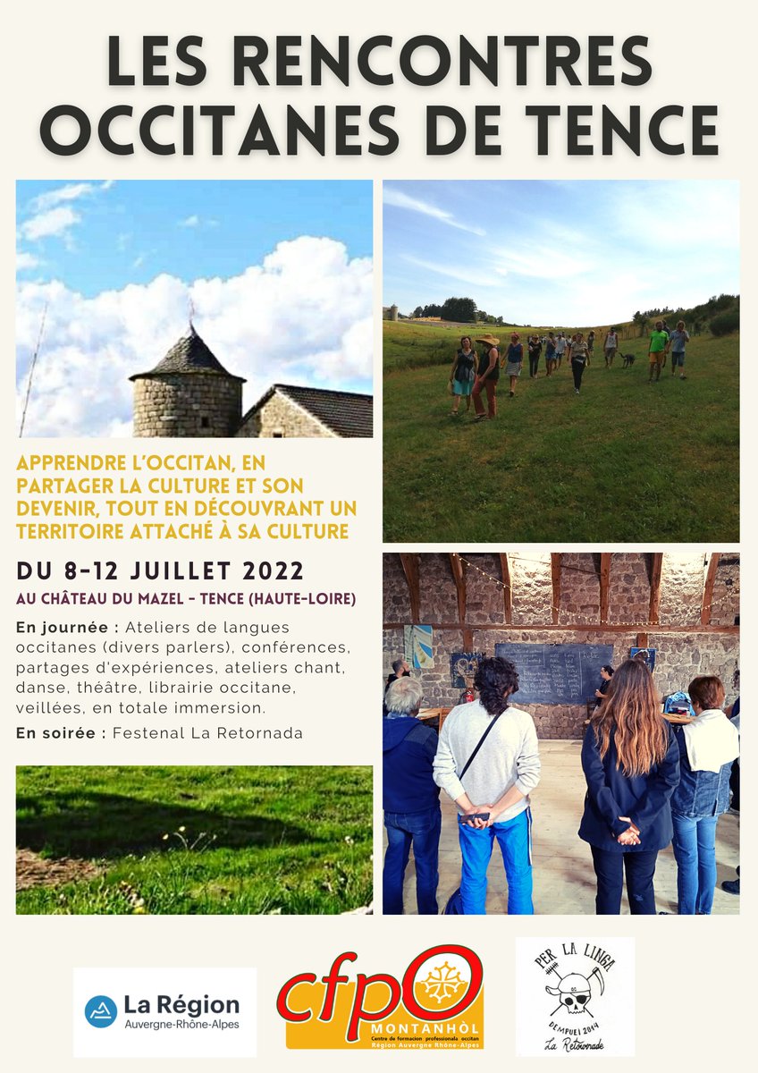locongres's tweet photo. [OC] Los Rencontres #occitans a #Tença (Léger Naut) : del 8 al 12/07, lo CFPO Auvèrnhe Ròse Aups prepausa un estagi en immersion
[FR] Les Rencontres #occitanes à #Tence (Haute Loire) : du 8 au 12/07, le CFPO @auvergnerhalpes propose un stage en immersion
https://t.co/jwUsmpKTBD https://t.co/fjcRVJ3VuC
