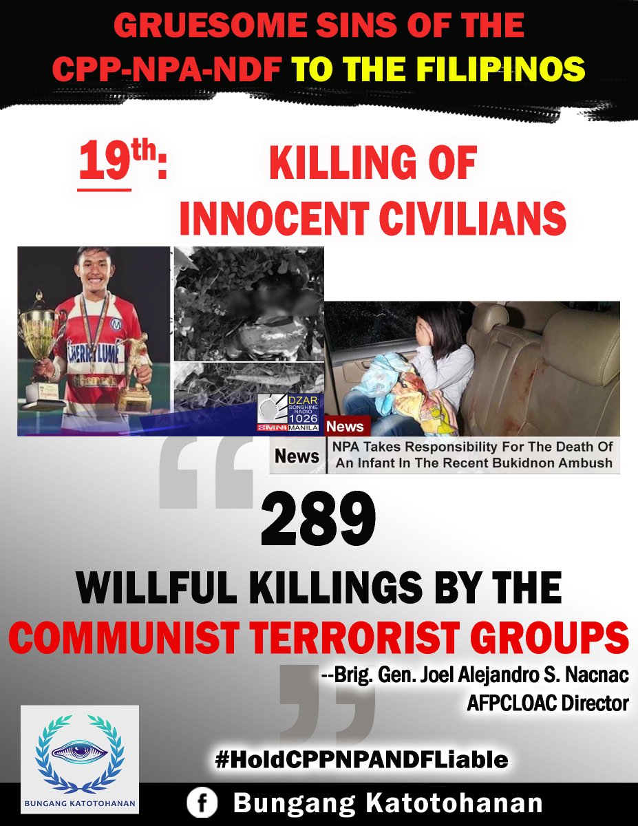 forpeace_oneph's tweet photo. GRUESOME SINS OF THE CPP-NPA-NDF TO THE FILIPINO PEOPLE
19th : KILLING OF INNOCENT CIVILIANS
According to AFP, from 2010-2020, a total of 289 incidents of "WILLFUL KILLINGS" of civilians by the COMMUNIST TERRORIST GROUPS were recorded.
#StopTheKillingsPH
#HoldCPPNPANDFLiable https://t.co/0UYn1qziOq