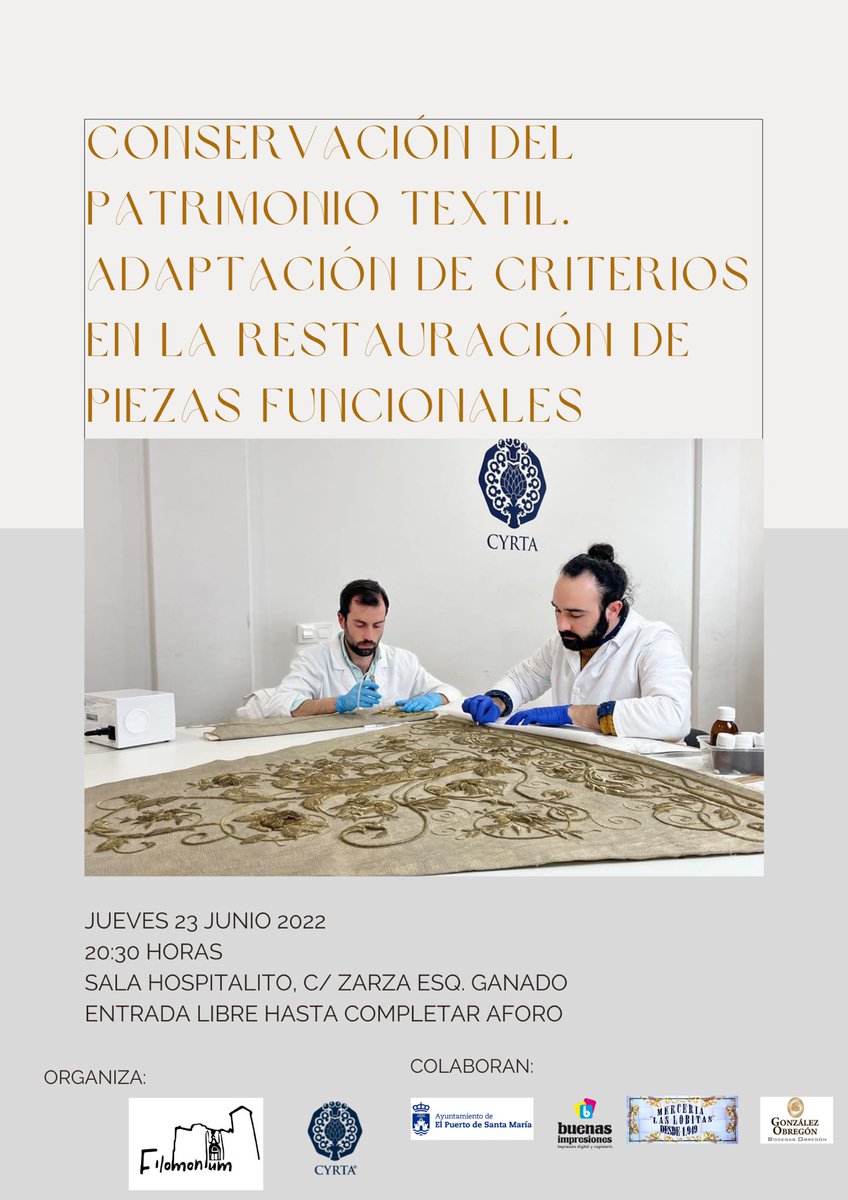 Este jueves a las 20:30 horas, en la Sala Hospitalito, Pablo Pérez y Pablo Portillo, de <a href="/cyrtatextil/">CYRTA</a> nos impartirán una conferencia sobre el patrimonio textil y su conservación.
Os esperamos con los brazos abiertos a todos hasta completar el aforo de la sala.