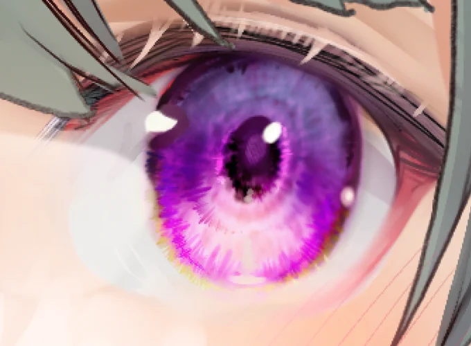 暗くして足を目立たせてます。本の側面と膝は写真を取り込んで質感を作りました。お顔は正統派美少女みたいな感じにしたくて試行錯誤して実際の瞳をベースに自作のペンでとにかく集中線を描いて引き込まれないかなーと思いながら描きました。袖と首回りが非常に難航してちょっと塗り込み過ぎたので→ 