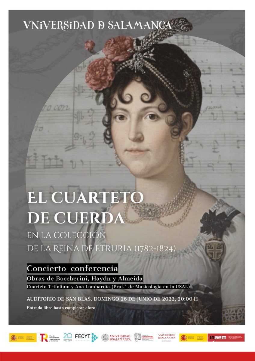 Concierto-Conferencia: El Cuarteto de Cuerda. Reina de Etruria (1782-1824). 📆26-Junio ⏰ 20.00h
(Auditorio San Blas) 
Cuarteto <a href="/InfoTrifolium/">TRIFOLIUM</a> &amp; Prof.ª Ana Lombardía <a href="/MusicologiaUSAL/">Musicología Universidad de Salamanca</a>