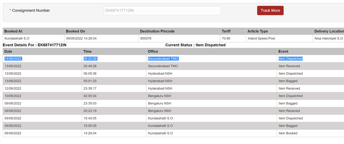 TheUditj's tweet photo. @IndiaPostOffice Can you please update the status of speed post EK687417712IN
The package was booked on 09/06/2022 and the status is same since 14 June https://t.co/8lycnfsByr