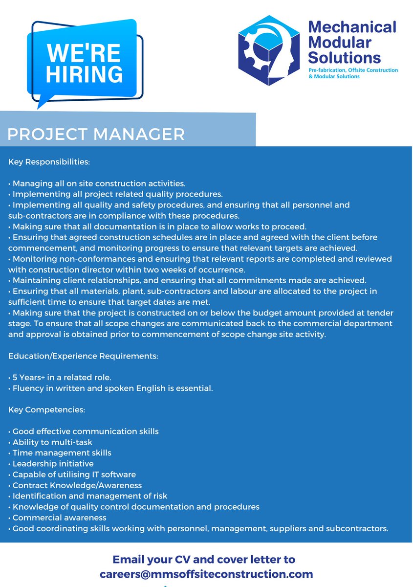 Join our Team!

Mechanical Modular Solutions are recruiting for a Project Manager! The package on offer includes an attractive salary and an excellent working environment.

For more information or to apply please email careers@mmsoffsiteconstruction.com

#mmsoffsiteconstruction