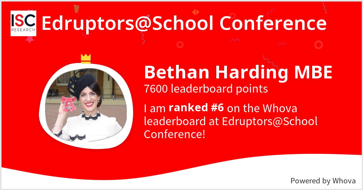 _Bethan_Harding's tweet photo. I am sure my ranking will reduce when this event starts tomorrow but I’m still looking forward to the collaboration! I ranked #6 on the Whova leaderboard at Edruptors@School Conference! #EdruptorsAtSchool @ISC_Research #ideas4intled #Edruptors - via #Whova event app https://t.co/qhdUb9vsrL