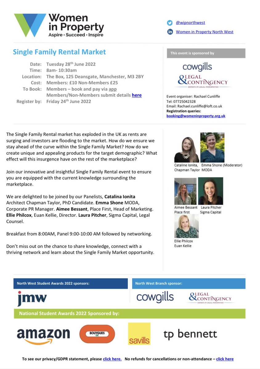 🔹 Come &amp; join our panel of industry experts as we debate the Single Family Rental Market on Tues 28th June at 8am <a href="/theboxbaruk/">BOX UK</a>🔹Thank you to our guests speakers <a href="/CatalinaElena28/">Catalina Ionita</a>, Emma Shoane, Aimee Bessant, <a href="/ellenphilcox/">Ellie Philcox</a> &amp; Laura Pitcher. Book via the #wipapp
