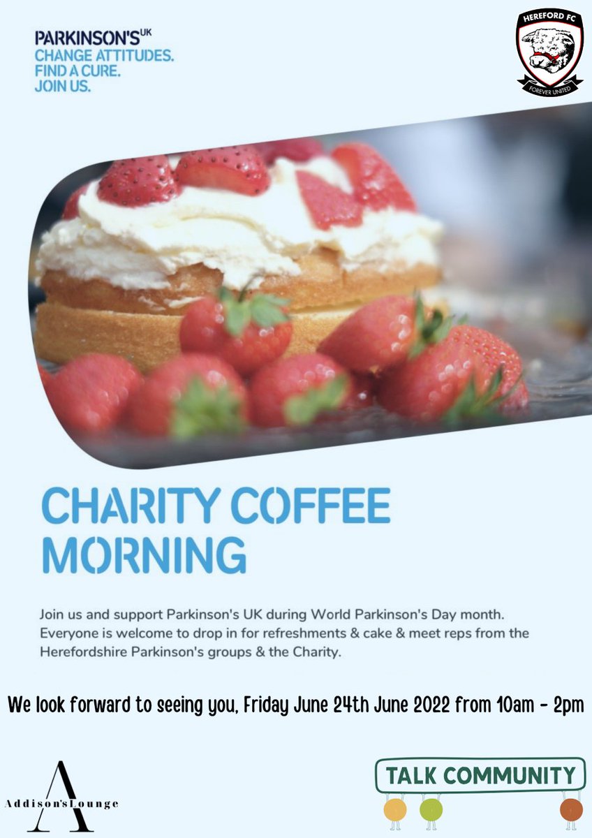 HFC__Events's tweet image. ☕️ 𝒞𝑜𝒻𝒻𝑒𝑒 𝑀𝑜𝓇𝓃𝒾𝓃𝑔 ☕️

This Friday Addison's Lounge will host June's coffee morning in support of Parkinson's UK. Come and visit us between 10am and 2pm for cake, coffee and company

👉herefordfc.co.uk/events-junes-c… 
#COYW | #CoffeeMorning