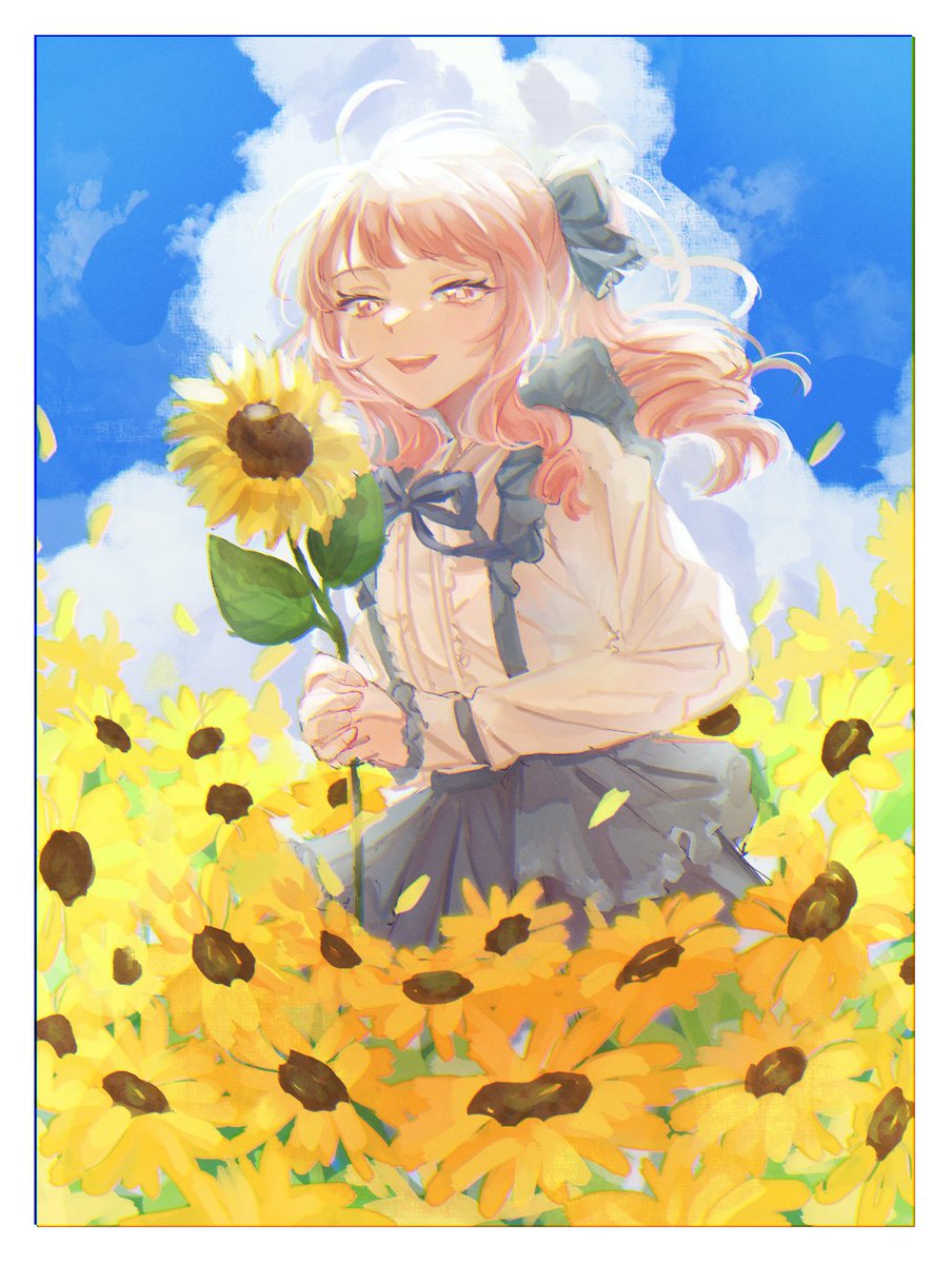 flower sunflower holding flower sky holding cloud pink eyes  illustration images