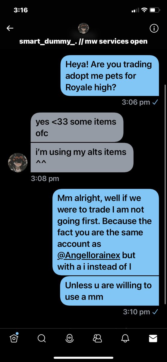 lotusdabotus's tweet photo. Hey guys! Just wanted to warn you about ANOTHER scammer and also a person who is impersonating @Angellorainex! They are offering really good pets in adopt me for not so good rh items. More in thread. #adoptme #royalehigh #royalehightrades #Adoptmetrades #robloxscammer https://t.co/EVUiyPY7v4