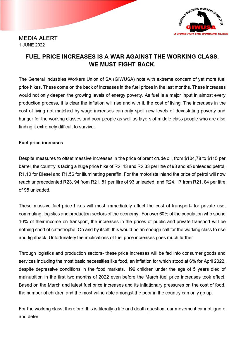 GIWU_SA's tweet photo. Fuel price increases is a war against the working class! We must fight back! Giwusa calls for a National Day of Action against energy price increases and the rising cost of living! https://t.co/Ius4pVaWOo