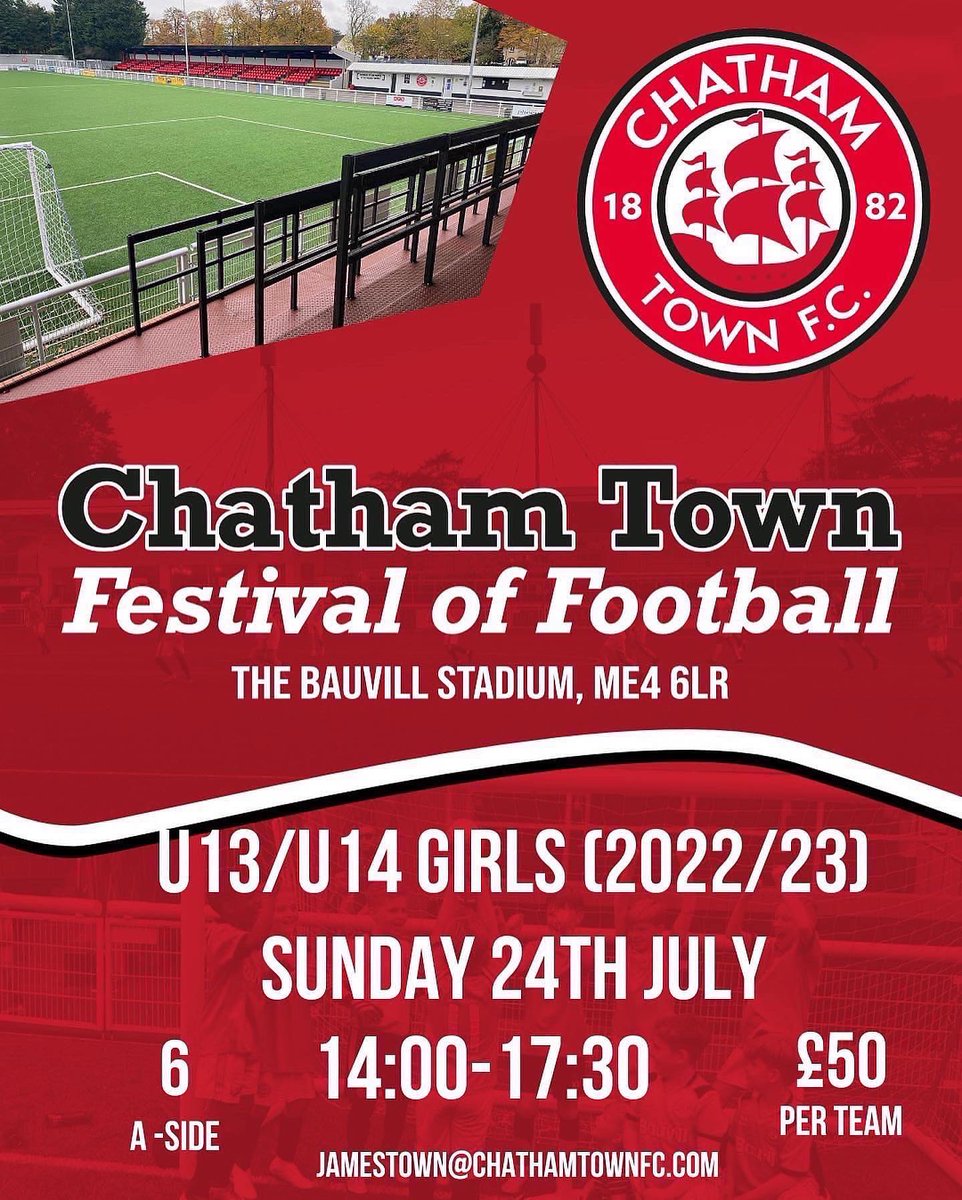 🏆All GIRLS football tournament🏆 @ChathamTownFC . Spaces still available for u11’s, 12, 13 & u14’s.
Great family day out!! Book your team by emailing jamestown@chathamtownfc.com #kentfa #kglfl #girlsfootball #grassrootsfootball #chathamtownfc #tournament #girlstournament