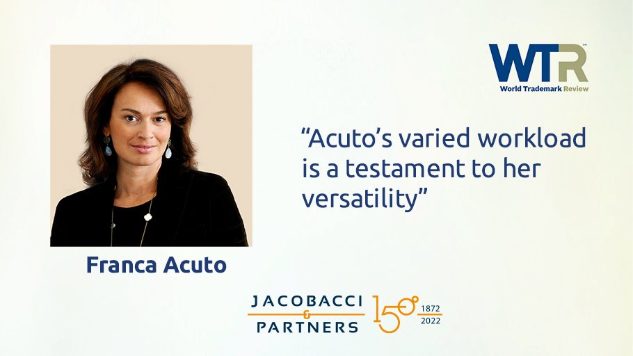JacobacciIP's tweet photo. In this year's #WTR1000 ranking by @WTR_Alerts, appears also Franca Acuto, stressing that “Acuto’s varied workload is a testament to her versatility”.

#JacobacciIP #trademarks #marchi https://t.co/8gZPO7Hztu