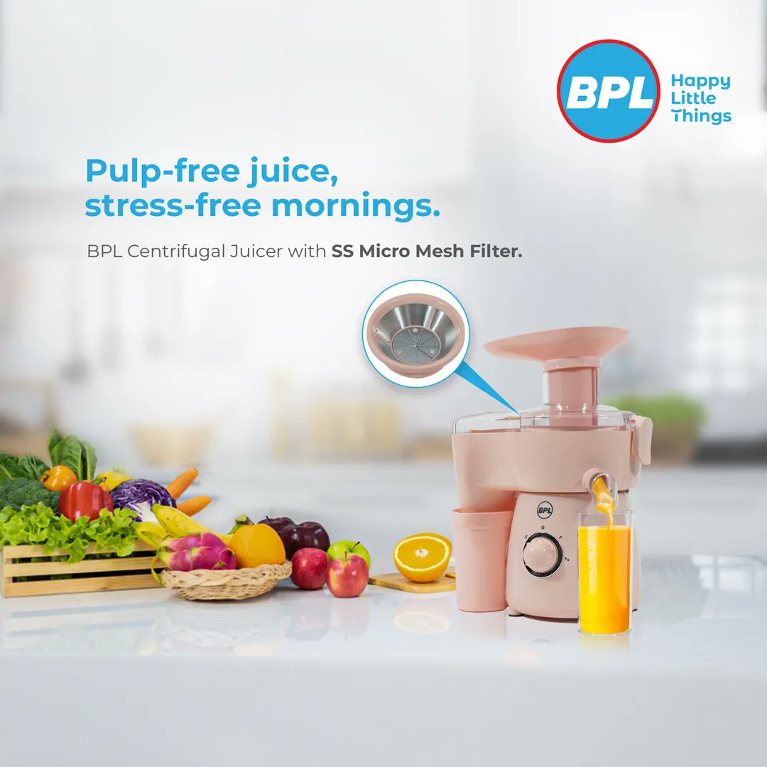 BPL_India's tweet photo. More juice = more happiness! The Micro Mesh Filter ensures the maximum extraction of vegetable and fruit juices with less pulp to ensure a more delicious sip every time.
#BPL #BPLIndia #HappyLittleThings #Juicer #CentrifugalJuicer #BPLJuicer #PulpFree #Fresh #HappyMornings https://t.co/XMcNkfox21