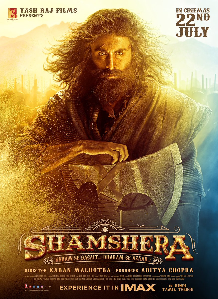karanmalhotra21's tweet photo. A legend will rise on 22nd July. Experience it in @IMAX in Hindi, Tamil &amp; Telugu. Celebrate #Shamshera with #YRF50 only at a theatre near you on 22nd July. #RanbirKapoor | @vaaniofficial | @sanjaydutt | @yrf | #Shamshera22ndJuly https://t.co/ZgmWa5LZyu