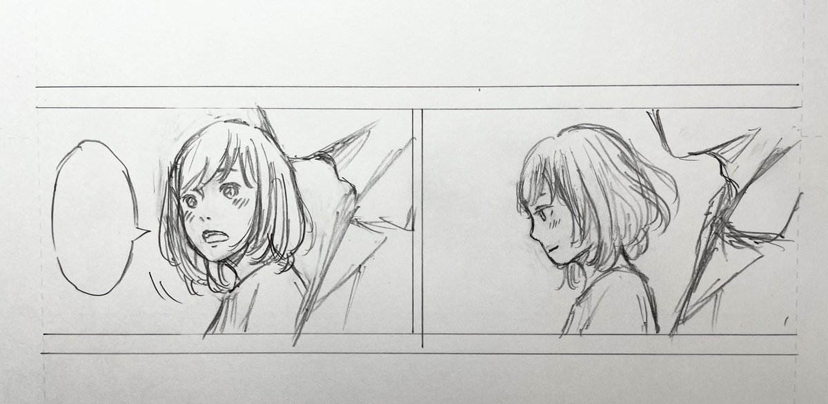 連続したコマ。奥の人だけが振り向くシーン。こういう時は手前の人は動いてないのでコピペの方が好き。描いちゃったけど消す。 