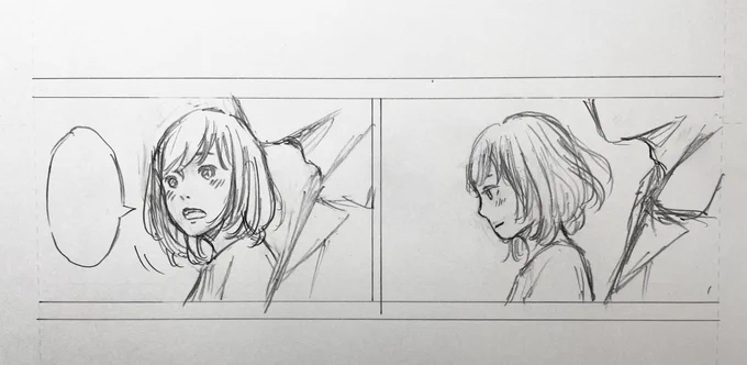 連続したコマ。奥の人だけが振り向くシーン。こういう時は手前の人は動いてないのでコピペの方が好き。描いちゃったけど消す。 