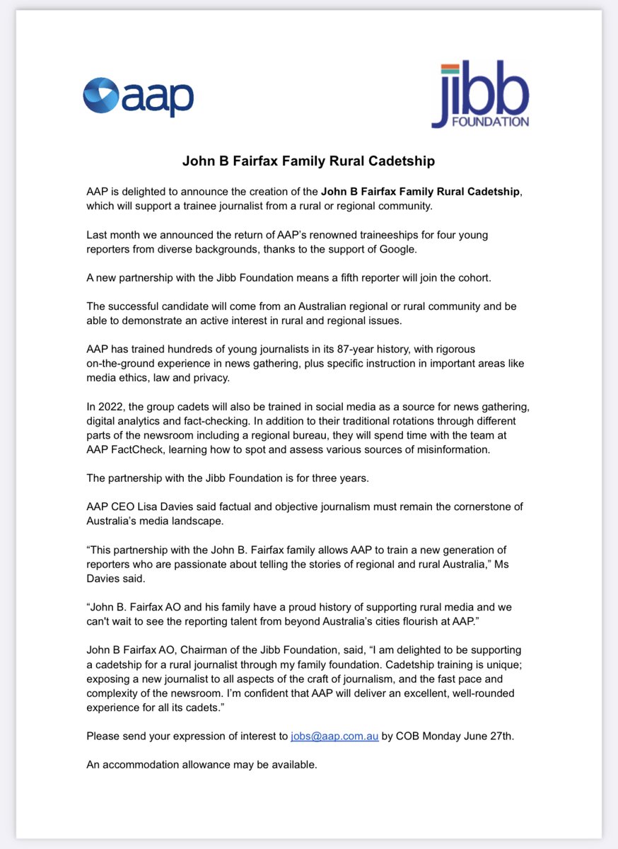 ATTN all rural/regional reporters: <a href="/AAPNewswire/">Australian Associated Press (AAP)</a> today announces the John B Fairfax Family Rural Cadetship! Thanks so much to Jibb Foundation for supporting vital Australian journalism. See release below for details/eligibility. #journalismjobs