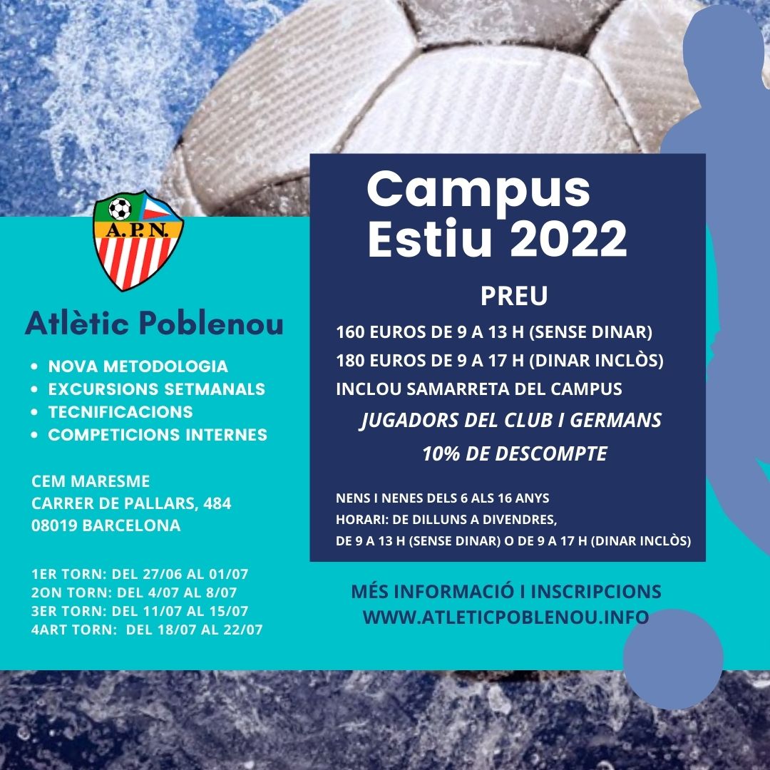 Últims dies per apuntar-vos al Campus d'Estiu! No us ho perdeu!
👉 Del 27 de juny al 22 de juliol
⚽ Campus de futbol per a nens i nenes a partir de 6 anys
👣 Excursió setmanal i tecnificació
#campusestiu #casal #poblenou #atleticpoblenou #femfutbolfembarri #campuspoblenou