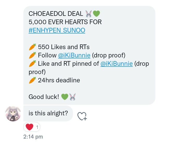 wonieeh's tweet photo. CHOEAEDOL DEAL 🐰💚
5,000 EVER HEARTS FOR #ENHYPEN_SUNOO

🥕 550 Likes and RTs
🥕 Follow @iKiBunnie (drop proof)
🥕 Like and RT pinned of @iKiBunnie (drop proof)
🥕 24hrs deadline 

Good luck! 💚🐰 https://t.co/G6QsjY4TvG