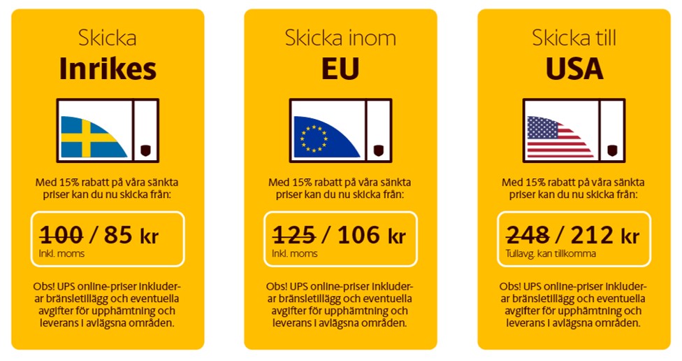 Inrikes 85 kr, Tyskland 106 kr, USA 212 kr. Hur låter det? Vi har sänkt våra onlinepriser med 20-50% och erbjuder dessutom 15% rabatt t.o.m. 31 juli. Passa på att boka online nu! Läs mer här: spr.ly/6015zeEjH
#småföretag #UPS #rabattkod #skickapaket #billigt