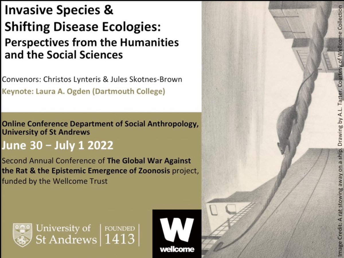 📣 “Invasive Species and Shifting Disease Ecologies: Perspectives from the Humanities and the Social Sciences” conference

📌 June 30 – July 1, online

👥 <a href="/visualplague/">Visual Plague/ Global War Against the Rat</a> <a href="/StAndrewsAnthro/">St Andrews Social Anthropology</a> 

🕒 Register (for free) till today, June 20, at 15 CEST 

➡️ wwrat.wp.st-andrews.ac.uk/conferences/