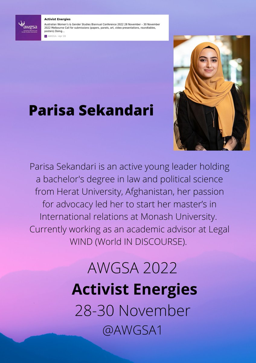 AWGSA (@awgsa1) on Twitter photo We are so excited to have Parisa Sekendari <a href="/MonashUni/">Monash University</a> as one of our keynote activists #Activist Energies
Join us all in Melbourne in November
awgsa.asn.au/conferences/ac…
@CHASS_Aus@CHASS_Aus <a href="/MelbConventions/">MelbConventionBureau</a> #CHASS22 We are so excited to have Parisa Sekendari <a href="/MonashUni/">Monash University</a> as one of our keynote activists #Activist Energies
Join us all in Melbourne in November
awgsa.asn.au/conferences/ac…
@CHASS_Aus@CHASS_Aus <a href="/MelbConventions/">MelbConventionBureau</a> #CHASS22