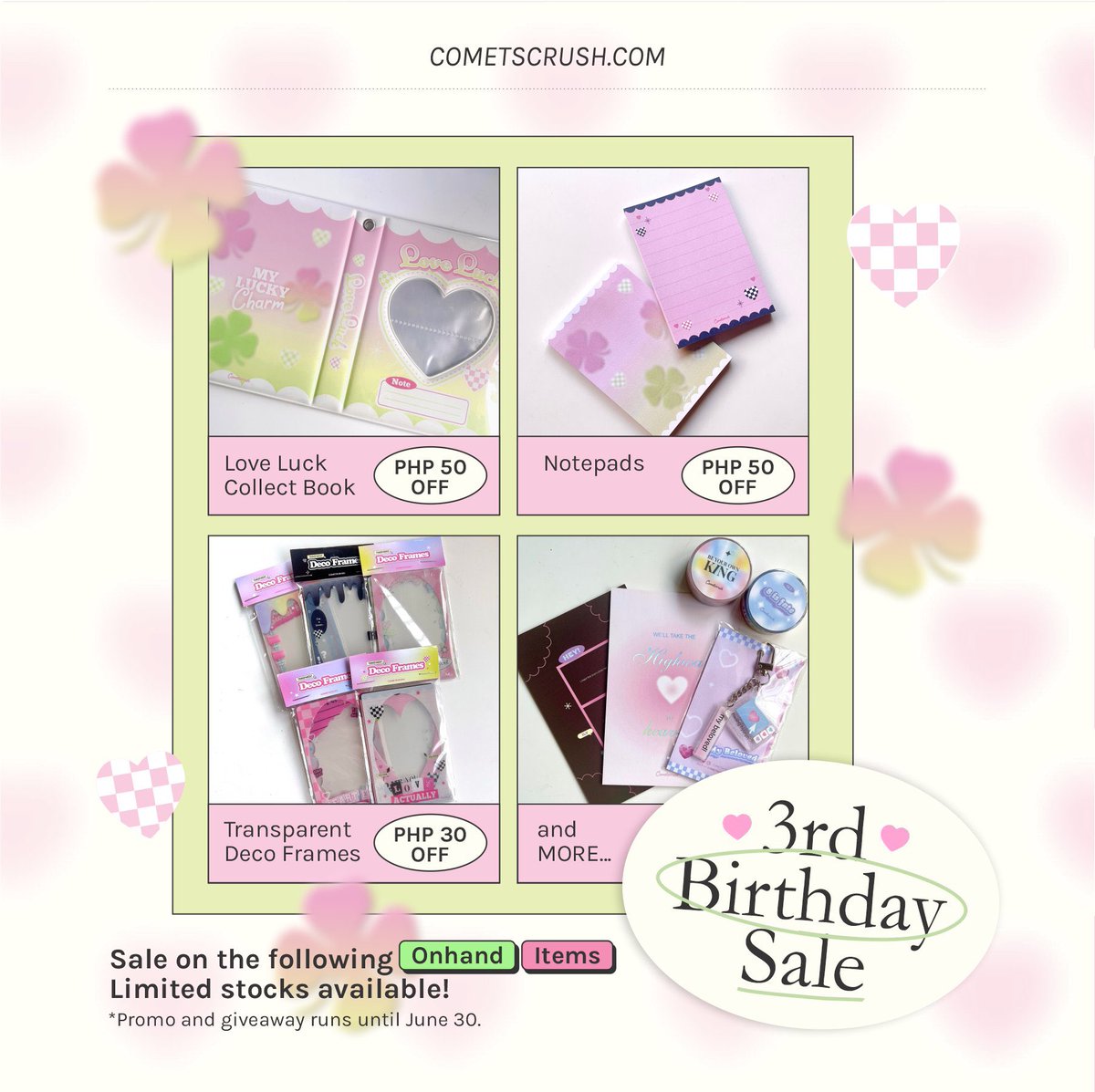 cometscrush's tweet photo. 3RD ANNIVERSARY SALE &amp; GIVEAWAY 🎂

To celebrate our new milestone, we’ll be having a SALE on our onhand items!

Add to cart now at https://t.co/1XyKEUSXFY 🍀 

💗 GIVEAWAY 💗
• 3 winners of Love Luck collbook + notepad
• Just follow us, like &amp; rt this post, and tag friends! https://t.co/K3LCmJOZ6Z