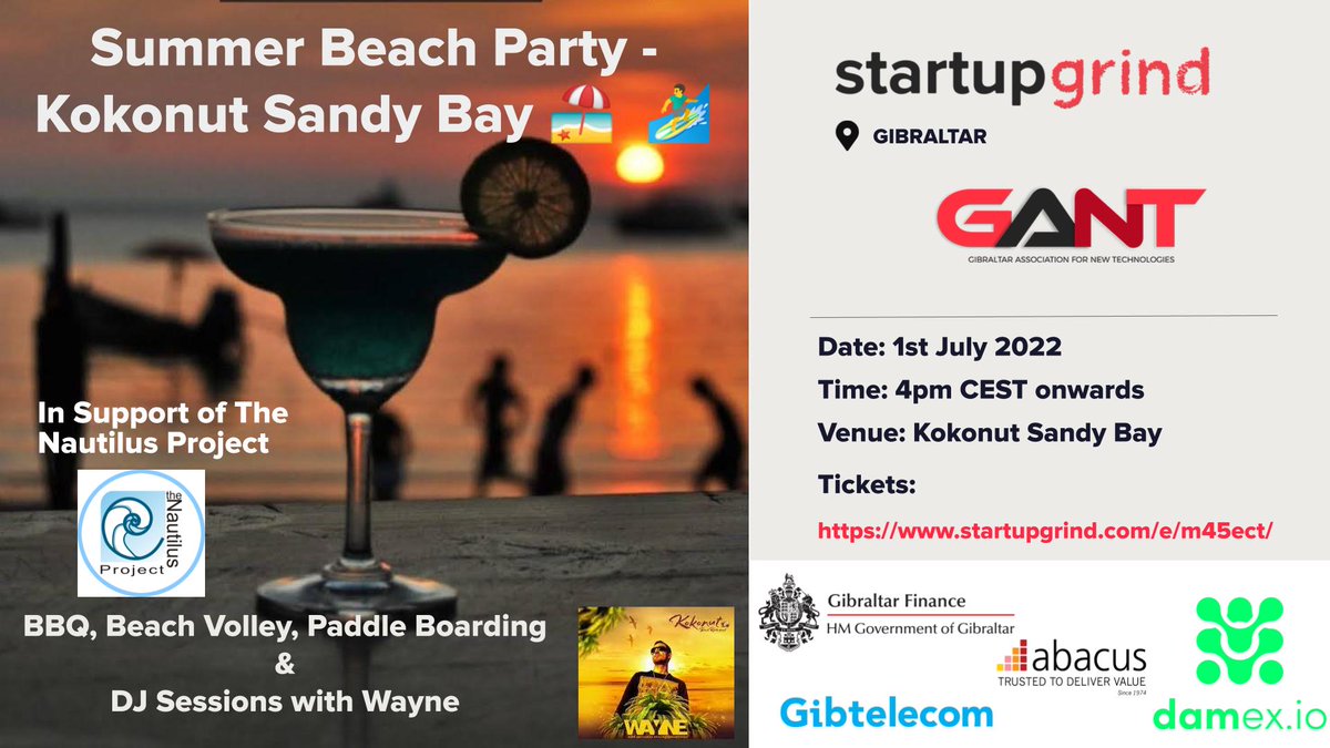 Super excited to announce that the @TechGib is joining our SUMMER PARTY!!! Get your ticket - startupgrind.com/e/m45ect/ Summer Beach Party - Kokonut Sandy Bay 🏖 🏄‍♂️ (Family Friendly) The first half of the year of Startup Grind Gibraltar events is done and we are ready to celebrate!