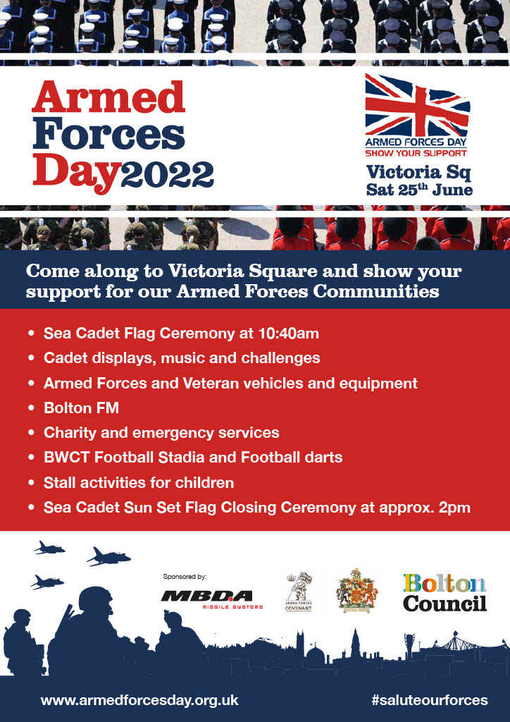 Come along to Victoria Square and show your support for our Armed Forces on Saturday 25th June💙

There will be a short service commencing at 10.40am followed by a fun day of free activities for all the family, including stalls offering an array of advice and activities.👪