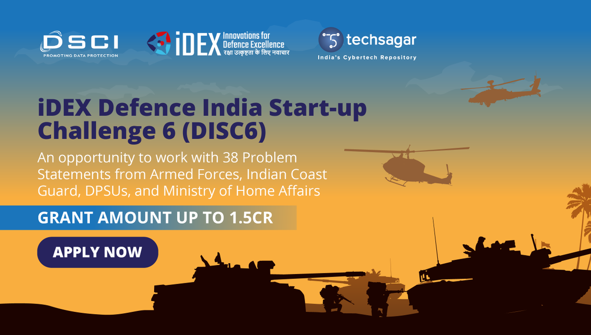 TechSagar_DSCI's tweet photo. Innovators & startups, we invite you to share your innovations to resolve 38 Problem Statements across the defence ecosystem. Participate in #DISC6, brought to you by @India_Idex, India’s defence innovation platform before the deadline hits!
Apply now: https://t.co/a6j13cKMmG https://t.co/ysdbFJIXHs
