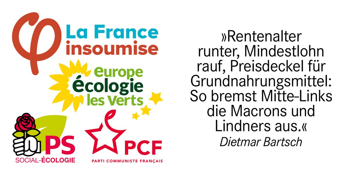 Erfolg für geeinte Linke um <a href="/JLMelenchon/">Jean-Luc Mélenchon</a>. Marktradikaler <a href="/EmmanuelMacron/">Emmanuel Macron</a> ohne absolute Mehrheit. 💪 Ent- &amp; geschlossener Wahlkampf mit klaren Forderungen: Rentenalter runter, Mindestlohn rauf, Preisdeckel für Grundnahrungsmittel! So bremst #MitteLinks die Macrons &amp; Lindners aus.
