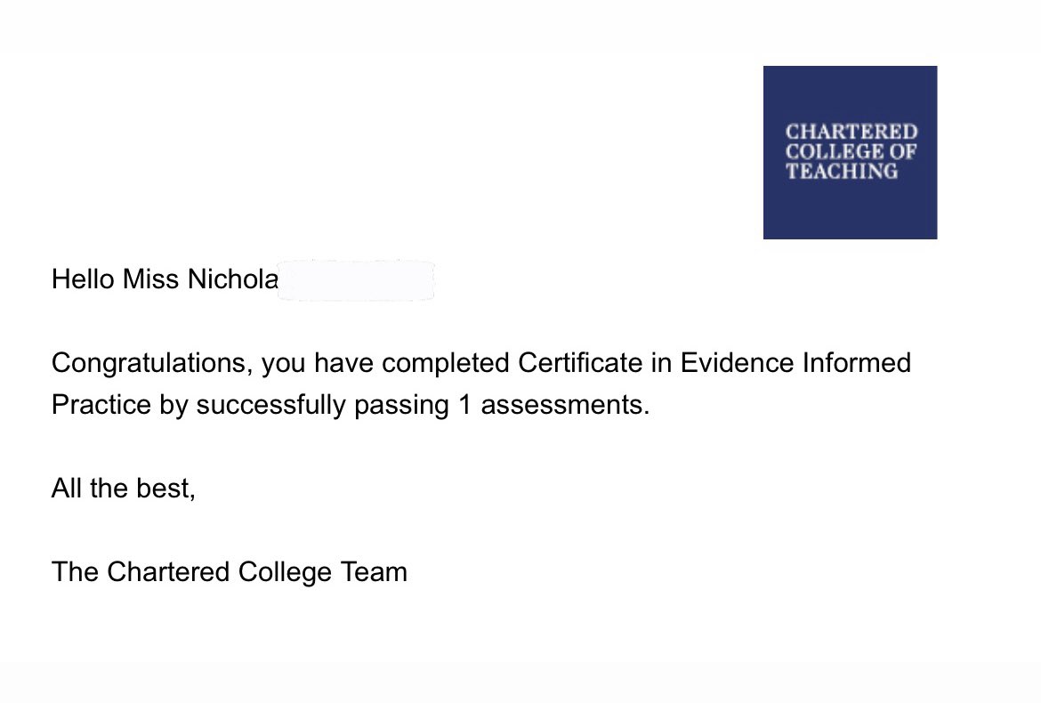 Woohoo! Really chuffed to have achieved this. I really enjoyed the course and would recommend it <a href="/CharteredColl/">Chartered College of Teaching</a> 🙌🏻🌟 #evidencebased #teaching
