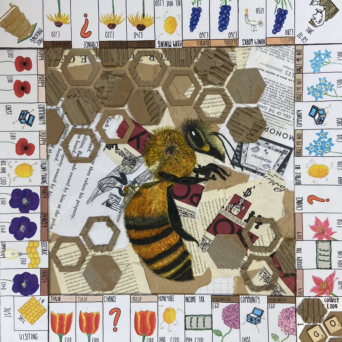 BablakeArt's tweet photo. Evie has created a fantastic GCSE piece of artwork inspired by the natural world and @MonopolyUK it has all come together really well. Well done! #bees #beeart #monopoly #gcseart https://t.co/M30duIujN3
