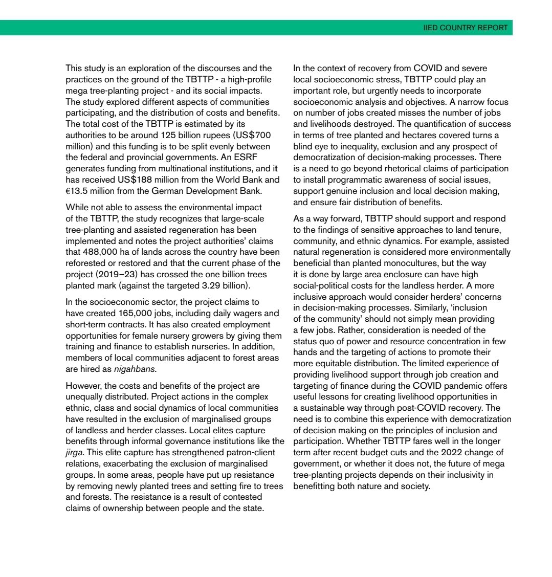 saqlain2cents's tweet image. &quot;A case study of the Ten Billion Tree Tsunami Programme, Pakistan&quot;
Although it focused on another local Elite Capture, below r some highlights of the project:
Budget:$700m/Rs.125b
Land:488000ha
Jobs:165000
Funding:WB$188m/GerDevBank$13.5m
#TenBillionTreeTsunamiProgram
@Plant4Pak