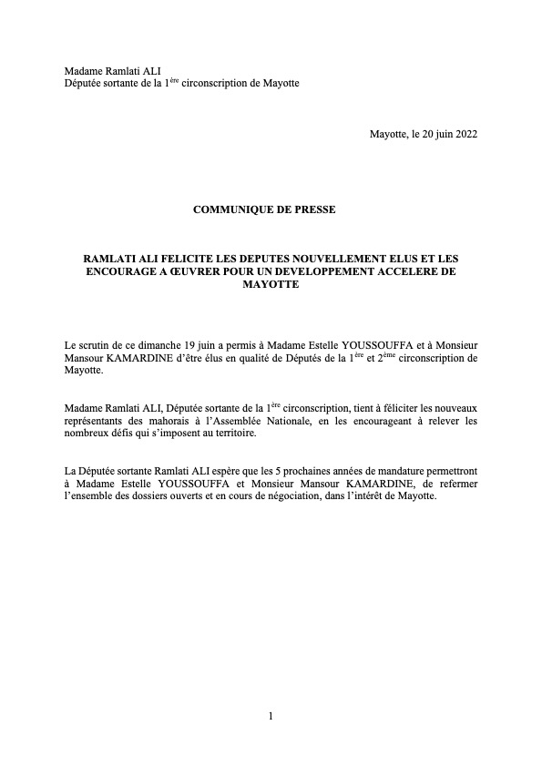 RamlatiAli's tweet photo. 📜 COMMUNIQUÉ DE PRESSE //

Je félicite les députés nouvellement élus et les encourage à œuvrer pour un développement accéléré de #Mayotte.

#narikewumoja
#TousUnisPourMayotte
#legislatives2022
#ensemble https://t.co/ptfEzig1DA