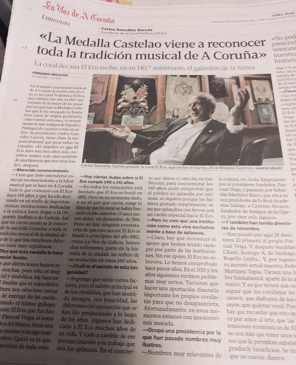 coraleleco's tweet photo. 🎙Carlos Glez. Garcés: «La Medalla Castelao viene a reconocer toda la tradición musical de A Coruña». 

Nuestro #Presidente charla con @FerLudd en @lavozdegalicia @vozcoruna sobre #ElEco140 aniversario y la concesión a cargo de la @Xunta @CulturaXunta de la #MedallaCastelao2022 https://t.co/ILegYzXQ5Z