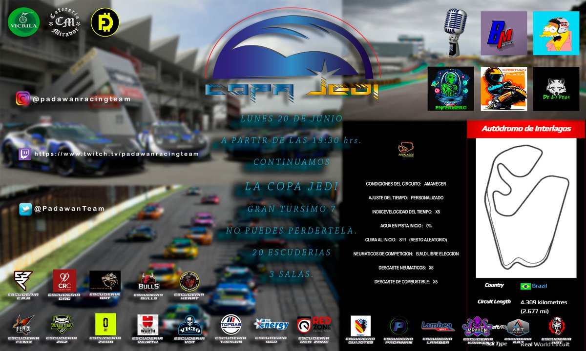 Hoy lunes,día de carreras en la COPA JEDI.
Esta jornada desde el autódromo de Interlagos.
Mucha suerte a todos!!!!!
Retrasmisiones  por el canal de Twich,desde las 19:30  twitch.tv/padawanracingt…

<a href="/vicrila/">Vicrila</a> 
<a href="/Fansandmesocial/">Fansandmesocial.com</a> 
@cafeteriamirador