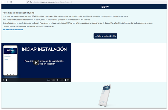 Imagen de la web falsa maliciosa de la entidad BBVA