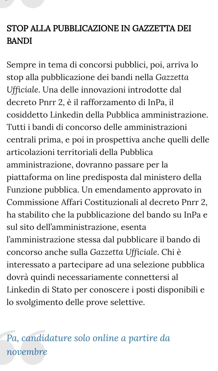 ComitatoPa's tweet photo. Preoccupante lo stop dei bandi su GU. Col solo portale #InPa e sito istituzionale il rischio è di limitare eccessivamente la platea ai pochi che potranno avere cognizione degli stessi. Chiediamo intervento del Governo #ugualiallapartenza @Palazzo_Chigi @renatobrunetta @FunzPub https://t.co/MWl6M8RJ0b