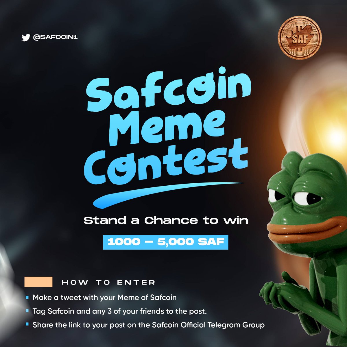 SAFCOIN1's tweet photo. Hey SafArmy, its time for some juicy Competition !!

To win? 

1) Make a tweet with your already created Meme of Safcoin, tagging us and any 3 of your friends to the post.

2) Share the link to your post on the Safcoin Official Telegram Group.

Let's go 🔥 🔥 🔥 

#Web3 #Crypto https://t.co/FDBKpKZtgS