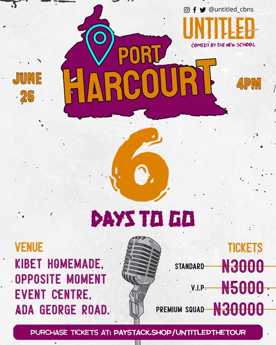 Untitled_cbns's tweet photo. 6 DAYS TO GO GUYSSS!!!!

Have you gotten your tickets?
⁣⁣⁣Don't wait till it's too late, Limited seats available o

Venue:Kibet Homemade, Opposite moment event center , Ada George road .
Date:June 26th 2022
Time: 4PM
⁣⁣⁣
#Untitled2022
#ComedyByTheNewSchool ⁣⁣⁣ https://t.co/MYMev255pb