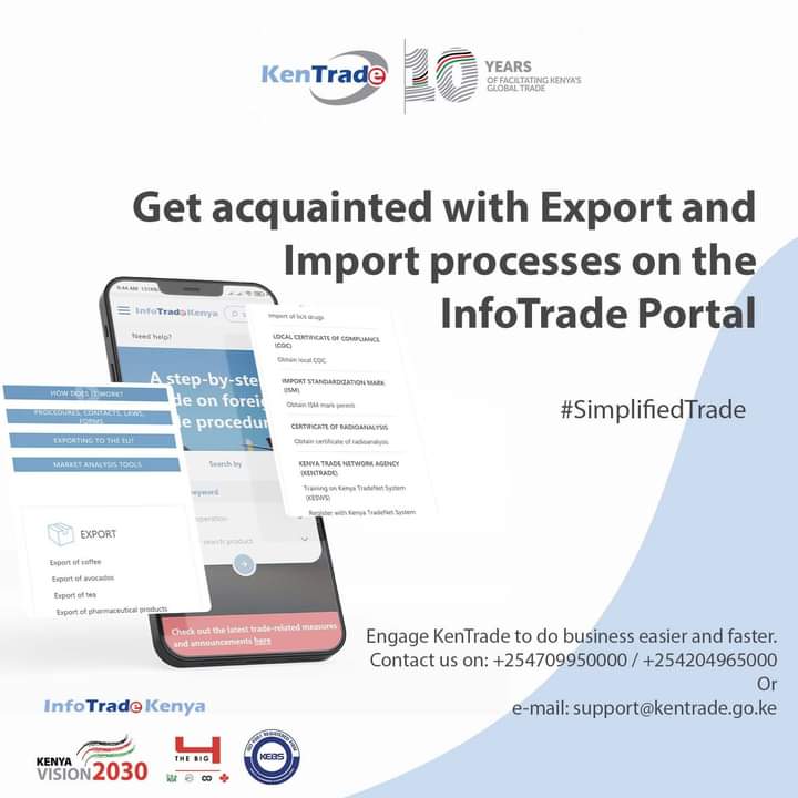 KenTrade_G2B's tweet photo. Did you know that the Info Trade portal has availed all the documents required to trade, so that our traders can enjoy speedier and more efficient export and import processes? Visit the InfoTrade Portal: https://t.co/Yb1xU0pDYj to find out more.
#SimplifiedTrade https://t.co/fsFSusHqef