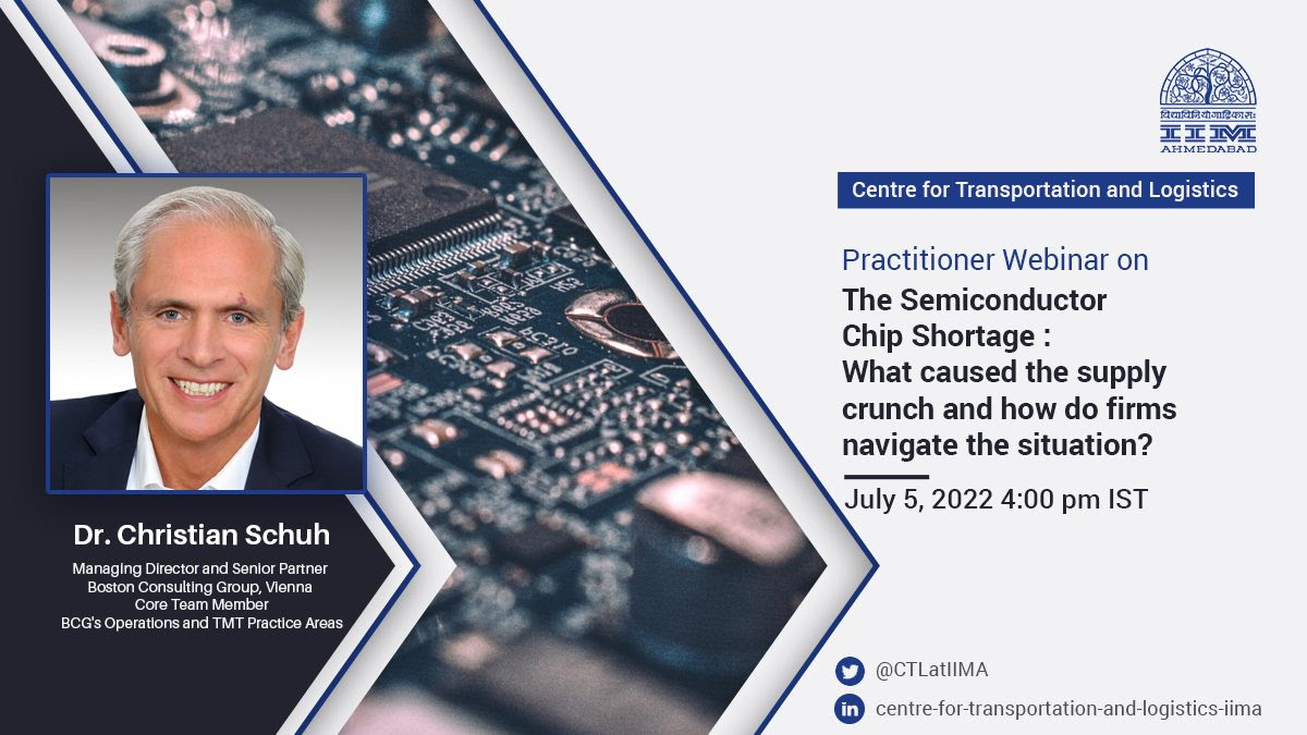 <a href="/CTLatIIMA/">Centre for Transportation and Logistics</a> <a href="/IIMAhmedabad/">IIM Ahmedabad</a> invites you for the webinar on The Semiconductor Chip Shortage: What caused the supply crunch and how do firms navigate the situation?  
For Registration visit:  iima.zoom.us/webinar/regist… 
#supplychain #semiconductor #chips #resilience #ESG 
<a href="/avi_dutt/">Avi dutt</a>