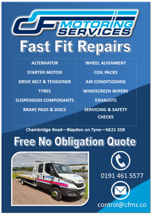 Another New Service @ CF Motroing Serrvices Ltd!!
Needing a quick repair with no hassle?
Get in contact via email: control@cfms.co or call our friendly control staff to help on 01914615577.
#Fastfit #motoring #email