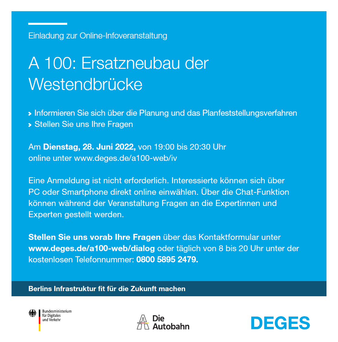 degesberlin's tweet photo. Wir laden ein: zu unserer Online-#Infoveranstaltung am 28. Juni 2022 zum Ersatzneubau der #Westendbrücke. Mehr Informationen finden Sie unter: https://t.co/9JJJrdmFOy https://t.co/F5gnfv3ZbL
