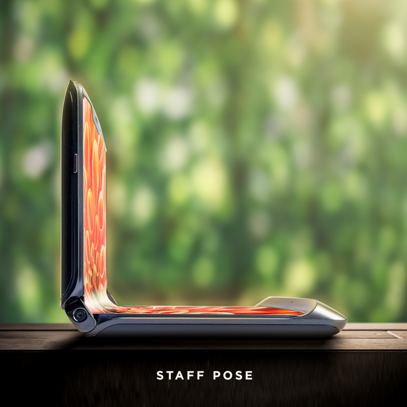 Moto's tweet photo. Just our motorola razr 5G device flexing its poses on #InternationalYogaDay🧘‍♀️