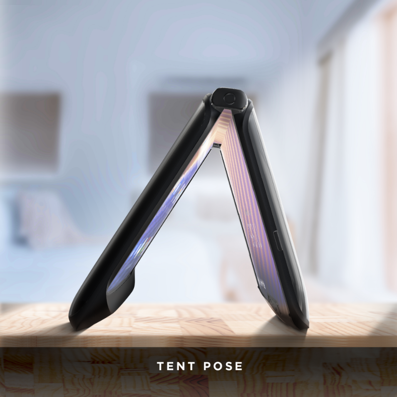 Moto's tweet photo. Just our motorola razr 5G device flexing its poses on #InternationalYogaDay🧘‍♀️
