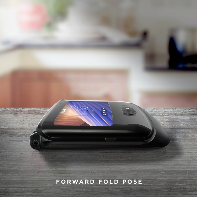 Moto's tweet photo. Just our motorola razr 5G device flexing its poses on #InternationalYogaDay🧘‍♀️