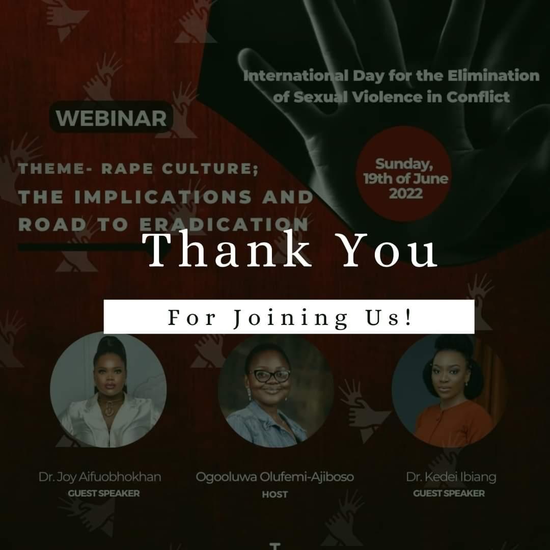 TECHNICAL OFFICE ON GENDER-BASED VIOLENCE AND RELATED MATTERS

INTERNATIONAL DAY FOR THE ELIMINATION OF SEXUAL VIOLENCE IN RELATION TO CONFLICT WEBINAR🎗️

 THANK YOU FOR JOINING US‼️